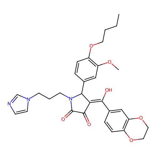 (4E)-5-(4-butoxy-3-methoxyphenyl)-4-[2,3-dihydro-1,4-benzodioxin-6-yl(hydroxy)methylidene]-1-(3-imidazol-1-ylpropyl)pyrrolidine-2,3-dione structure