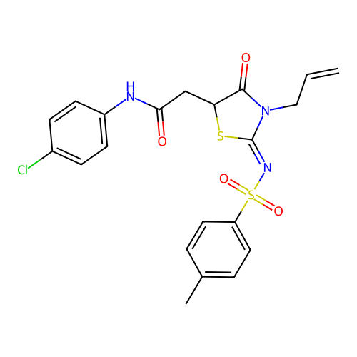 N-(4-chlorophenyl)-2-[(2Z)-2-{[(4-methylphenyl)sulfonyl]imino}-4-oxo-3-(prop-2-en-1-yl)-1,3-thiazolidin-5-yl]acetamide structure