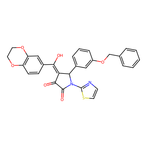 (4E)-4-[2,3-dihydro-1,4-benzodioxin-6-yl(hydroxy)methylidene]-5-(3-phenylmethoxyphenyl)-1-(1,3-thiazol-2-yl)pyrrolidine-2,3-dione structure