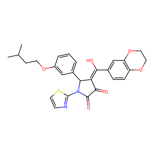 (4E)-4-[2,3-dihydro-1,4-benzodioxin-6-yl(hydroxy)methylidene]-5-[3-(3-methylbutoxy)phenyl]-1-(1,3-thiazol-2-yl)pyrrolidine-2,3-dione structure
