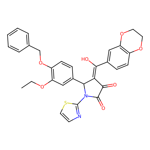 5-(4-(benzyloxy)-3-ethoxyphenyl)-4-(2,3-dihydrobenzo[b][1,4]dioxine-6-carbonyl)-3-hydroxy-1-(thiazol-2-yl)-1H-pyrrol-2(5H)-one structure