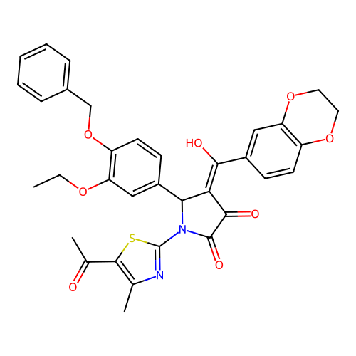 (4E)-1-(5-acetyl-4-methyl-1,3-thiazol-2-yl)-4-[2,3-dihydro-1,4-benzodioxin-6-yl(hydroxy)methylidene]-5-(3-ethoxy-4-phenylmethoxyphenyl)pyrrolidine-2,3-dione structure