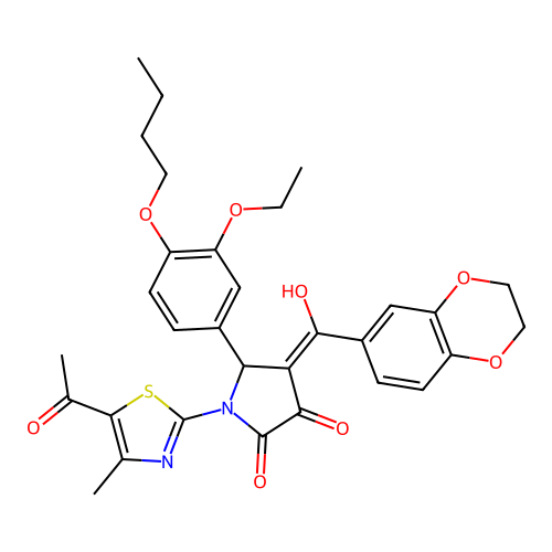 (4E)-1-(5-acetyl-4-methyl-1,3-thiazol-2-yl)-5-(4-butoxy-3-ethoxyphenyl)-4-[2,3-dihydro-1,4-benzodioxin-6-yl(hydroxy)methylidene]pyrrolidine-2,3-dione structure