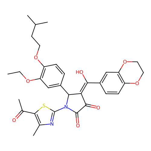 (4E)-1-(5-acetyl-4-methyl-1,3-thiazol-2-yl)-4-[2,3-dihydro-1,4-benzodioxin-6-yl(hydroxy)methylidene]-5-[3-ethoxy-4-(3-methylbutoxy)phenyl]pyrrolidine-2,3-dione structure