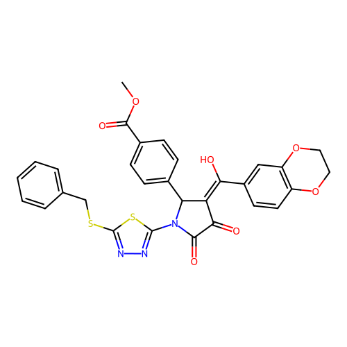 methyl 4-(1-(5-(benzylthio)-1,3,4-thiadiazol-2-yl)-3-(2,3-dihydrobenzo[b][1,4]dioxine-6-carbonyl)-4-hydroxy-5-oxo-2,5-dihydro-1H-pyrrol-2-yl)benzoate structure