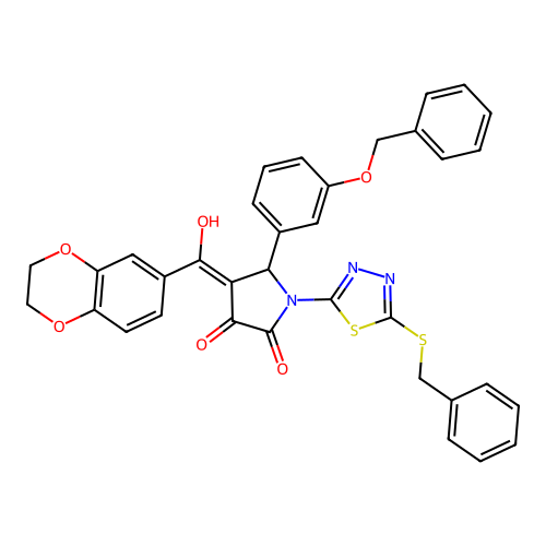 5-(3-(benzyloxy)phenyl)-1-(5-(benzylthio)-1,3,4-thiadiazol-2-yl)-4-(2,3-dihydrobenzo[b][1,4]dioxine-6-carbonyl)-3-hydroxy-1H-pyrrol-2(5H)-one structure