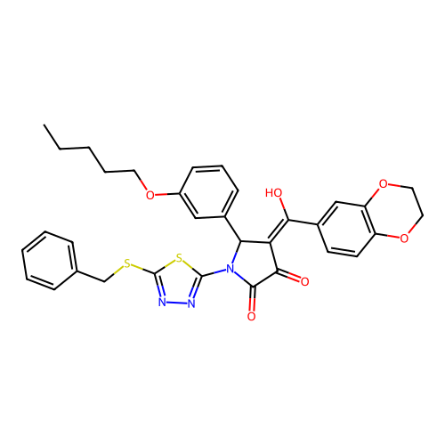 1-(5-(benzylthio)-1,3,4-thiadiazol-2-yl)-4-(2,3-dihydrobenzo[b][1,4]dioxine-6-carbonyl)-3-hydroxy-5-(3-(pentyloxy)phenyl)-1H-pyrrol-2(5H)-one structure