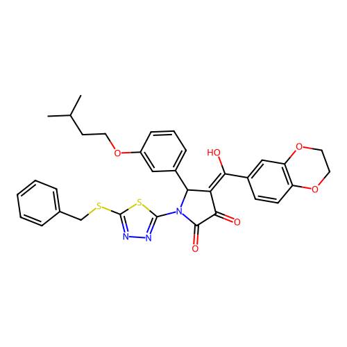 1-(5-(benzylthio)-1,3,4-thiadiazol-2-yl)-4-(2,3-dihydrobenzo[b][1,4]dioxine-6-carbonyl)-3-hydroxy-5-(3-(isopentyloxy)phenyl)-1H-pyrrol-2(5H)-one structure