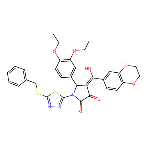 (4E)-1-(5-benzylsulfanyl-1,3,4-thiadiazol-2-yl)-5-(3,4-diethoxyphenyl)-4-[2,3-dihydro-1,4-benzodioxin-6-yl(hydroxy)methylidene]pyrrolidine-2,3-dione structure