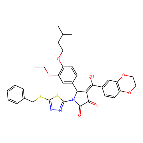 1-(5-(benzylthio)-1,3,4-thiadiazol-2-yl)-4-(2,3-dihydrobenzo[b][1,4]dioxine-6-carbonyl)-5-(3-ethoxy-4-(isopentyloxy)phenyl)-3-hydroxy-1H-pyrrol-2(5H)-one structure