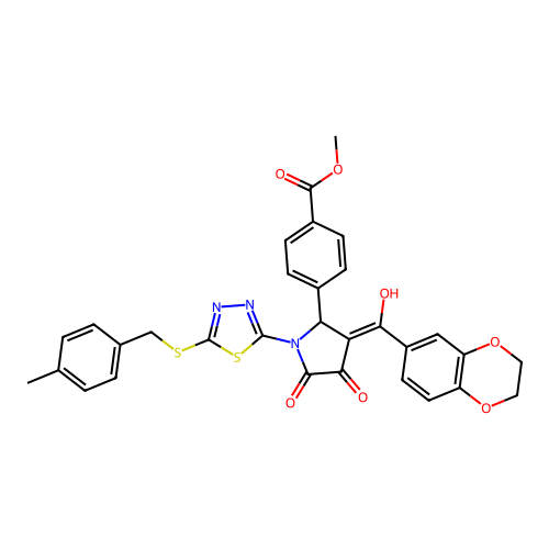 methyl 4-(3-(2,3-dihydrobenzo[b][1,4]dioxine-6-carbonyl)-4-hydroxy-1-(5-((4-methylbenzyl)thio)-1,3,4-thiadiazol-2-yl)-5-oxo-2,5-dihydro-1H-pyrrol-2-yl)benzoate structure