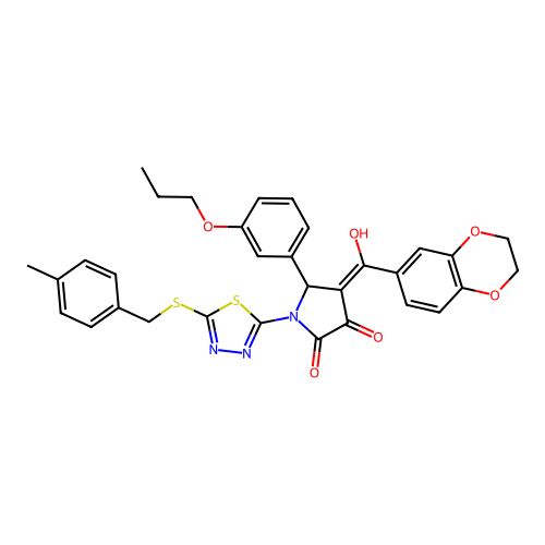 4-(2,3-dihydrobenzo[b][1,4]dioxine-6-carbonyl)-3-hydroxy-1-(5-((4-methylbenzyl)thio)-1,3,4-thiadiazol-2-yl)-5-(3-propoxyphenyl)-1H-pyrrol-2(5H)-one structure
