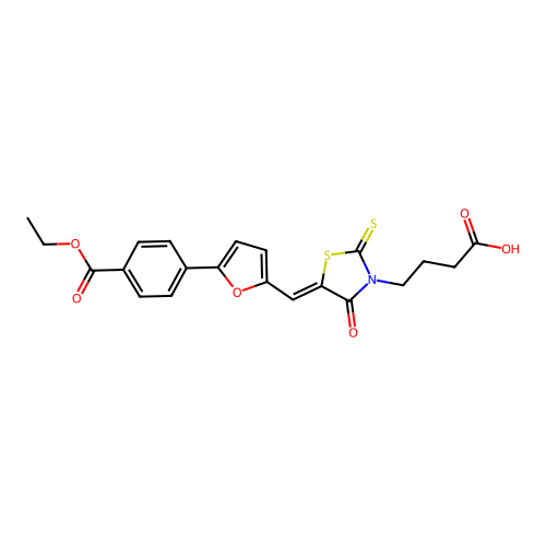 4-[(5Z)-5-({5-[4-(ethoxycarbonyl)phenyl]furan-2-yl}methylidene)-4-oxo-2-thioxo-1,3-thiazolidin-3-yl]butanoic acid structure