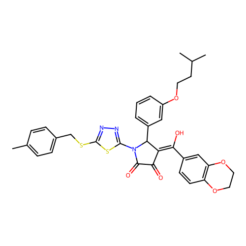 4-(2,3-dihydrobenzo[b][1,4]dioxine-6-carbonyl)-3-hydroxy-5-(3-(isopentyloxy)phenyl)-1-(5-((4-methylbenzyl)thio)-1,3,4-thiadiazol-2-yl)-1H-pyrrol-2(5H)-one structure