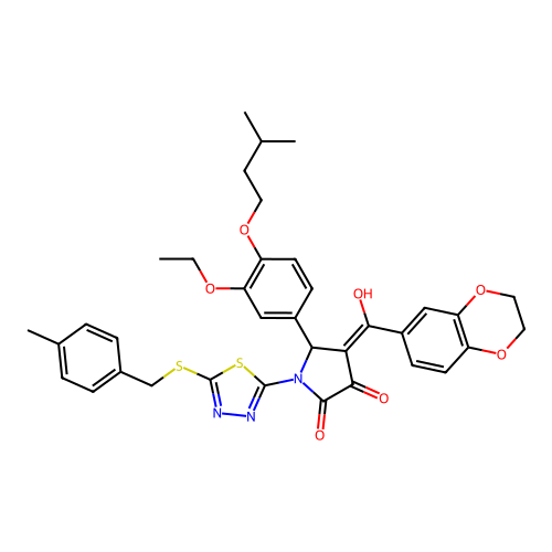 4-(2,3-dihydrobenzo[b][1,4]dioxine-6-carbonyl)-5-(3-ethoxy-4-(isopentyloxy)phenyl)-3-hydroxy-1-(5-((4-methylbenzyl)thio)-1,3,4-thiadiazol-2-yl)-1H-pyrrol-2(5H)-one structure