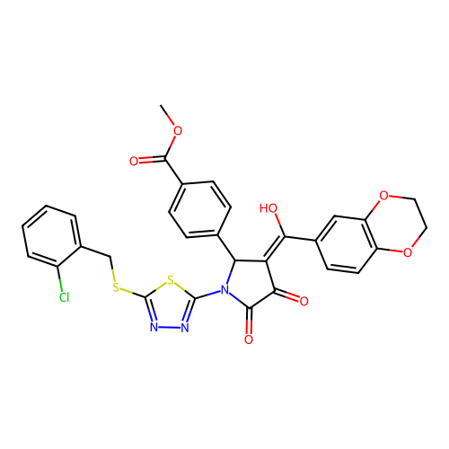 methyl 4-(1-(5-((2-chlorobenzyl)thio)-1,3,4-thiadiazol-2-yl)-3-(2,3-dihydrobenzo[b][1,4]dioxine-6-carbonyl)-4-hydroxy-5-oxo-2,5-dihydro-1H-pyrrol-2-yl)benzoate structure
