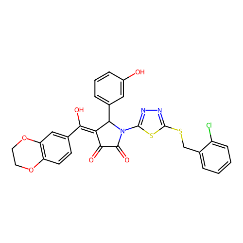 (4E)-1-[5-[(2-chlorophenyl)methylsulfanyl]-1,3,4-thiadiazol-2-yl]-4-[2,3-dihydro-1,4-benzodioxin-6-yl(hydroxy)methylidene]-5-(3-hydroxyphenyl)pyrrolidine-2,3-dione structure