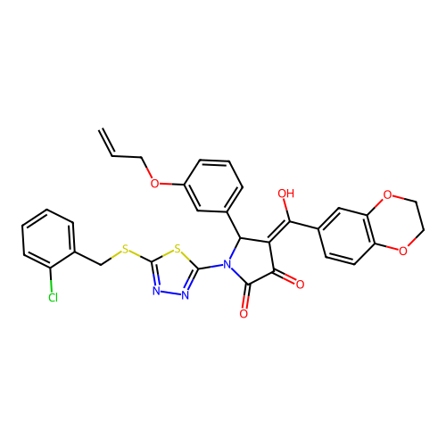 5-(3-(allyloxy)phenyl)-1-(5-((2-chlorobenzyl)thio)-1,3,4-thiadiazol-2-yl)-4-(2,3-dihydrobenzo[b][1,4]dioxine-6-carbonyl)-3-hydroxy-1H-pyrrol-2(5H)-one structure