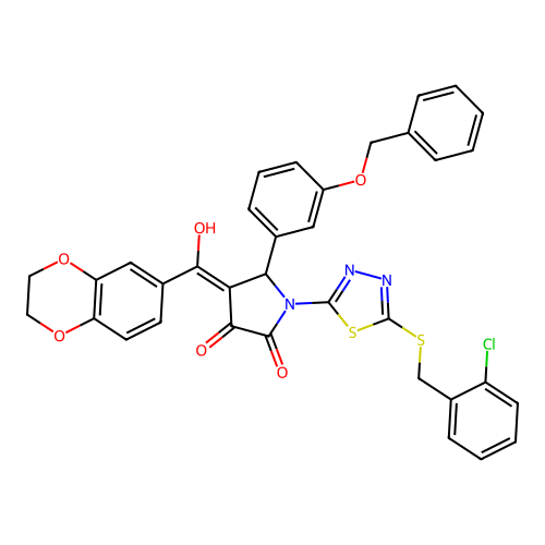 5-(3-(benzyloxy)phenyl)-1-(5-((2-chlorobenzyl)thio)-1,3,4-thiadiazol-2-yl)-4-(2,3-dihydrobenzo[b][1,4]dioxine-6-carbonyl)-3-hydroxy-1H-pyrrol-2(5H)-one structure