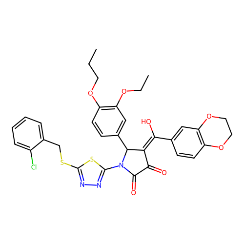 (4E)-1-[5-[(2-chlorophenyl)methylsulfanyl]-1,3,4-thiadiazol-2-yl]-4-[2,3-dihydro-1,4-benzodioxin-6-yl(hydroxy)methylidene]-5-(3-ethoxy-4-propoxyphenyl)pyrrolidine-2,3-dione structure