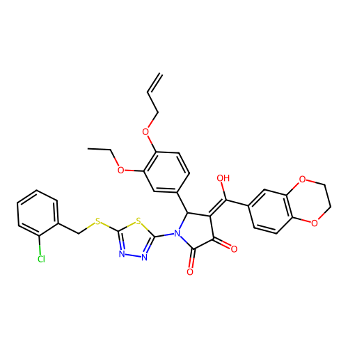 (4E)-1-[5-[(2-chlorophenyl)methylsulfanyl]-1,3,4-thiadiazol-2-yl]-4-[2,3-dihydro-1,4-benzodioxin-6-yl(hydroxy)methylidene]-5-(3-ethoxy-4-prop-2-enoxyphenyl)pyrrolidine-2,3-dione structure