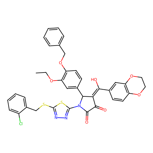5-(4-(benzyloxy)-3-ethoxyphenyl)-1-(5-((2-chlorobenzyl)thio)-1,3,4-thiadiazol-2-yl)-4-(2,3-dihydrobenzo[b][1,4]dioxine-6-carbonyl)-3-hydroxy-1H-pyrrol-2(5H)-one structure