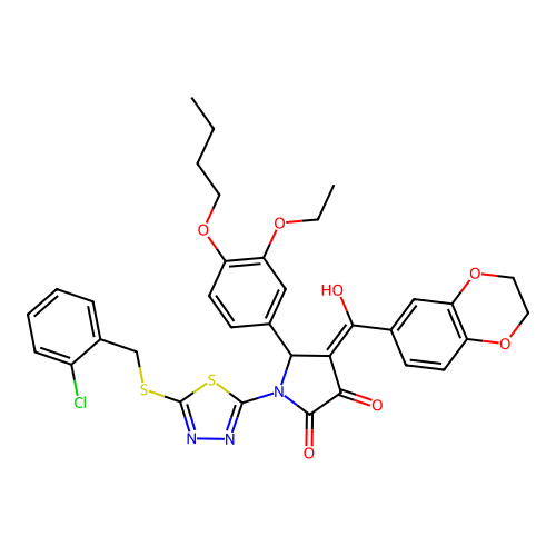 5-(4-butoxy-3-ethoxyphenyl)-1-(5-((2-chlorobenzyl)thio)-1,3,4-thiadiazol-2-yl)-4-(2,3-dihydrobenzo[b][1,4]dioxine-6-carbonyl)-3-hydroxy-1H-pyrrol-2(5H)-one structure