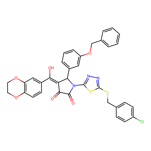 5-(3-(benzyloxy)phenyl)-1-(5-((4-chlorobenzyl)thio)-1,3,4-thiadiazol-2-yl)-4-(2,3-dihydrobenzo[b][1,4]dioxine-6-carbonyl)-3-hydroxy-1H-pyrrol-2(5H)-one structure