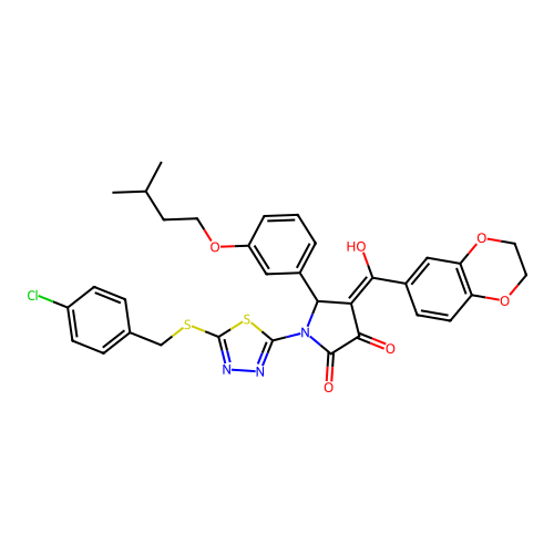 1-(5-((4-chlorobenzyl)thio)-1,3,4-thiadiazol-2-yl)-4-(2,3-dihydrobenzo[b][1,4]dioxine-6-carbonyl)-3-hydroxy-5-(3-(isopentyloxy)phenyl)-1H-pyrrol-2(5H)-one structure