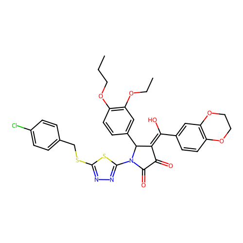(4E)-1-[5-[(4-chlorophenyl)methylsulfanyl]-1,3,4-thiadiazol-2-yl]-4-[2,3-dihydro-1,4-benzodioxin-6-yl(hydroxy)methylidene]-5-(3-ethoxy-4-propoxyphenyl)pyrrolidine-2,3-dione structure