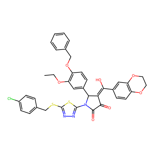 5-(4-(benzyloxy)-3-ethoxyphenyl)-1-(5-((4-chlorobenzyl)thio)-1,3,4-thiadiazol-2-yl)-4-(2,3-dihydrobenzo[b][1,4]dioxine-6-carbonyl)-3-hydroxy-1H-pyrrol-2(5H)-one structure