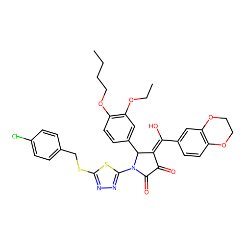 5-(4-butoxy-3-ethoxyphenyl)-1-(5-((4-chlorobenzyl)thio)-1,3,4-thiadiazol-2-yl)-4-(2,3-dihydrobenzo[b][1,4]dioxine-6-carbonyl)-3-hydroxy-1H-pyrrol-2(5H)-one structure