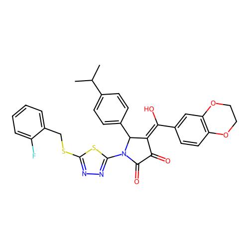 4-(2,3-dihydrobenzo[b][1,4]dioxine-6-carbonyl)-1-(5-((2-fluorobenzyl)thio)-1,3,4-thiadiazol-2-yl)-3-hydroxy-5-(4-isopropylphenyl)-1H-pyrrol-2(5H)-one structure