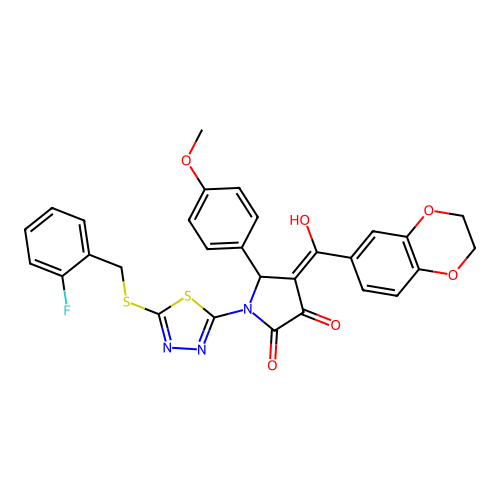 4-(2,3-dihydrobenzo[b][1,4]dioxine-6-carbonyl)-1-(5-((2-fluorobenzyl)thio)-1,3,4-thiadiazol-2-yl)-3-hydroxy-5-(4-methoxyphenyl)-1H-pyrrol-2(5H)-one structure