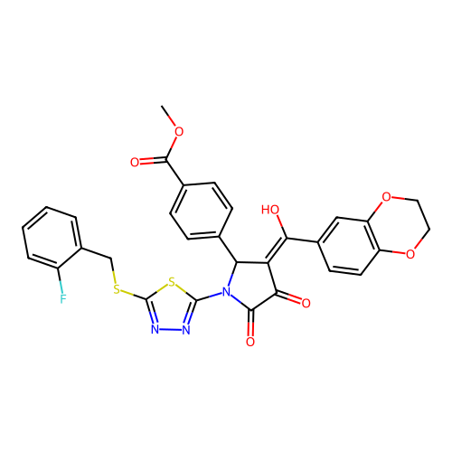 methyl 4-(3-(2,3-dihydrobenzo[b][1,4]dioxine-6-carbonyl)-1-(5-((2-fluorobenzyl)thio)-1,3,4-thiadiazol-2-yl)-4-hydroxy-5-oxo-2,5-dihydro-1H-pyrrol-2-yl)benzoate structure