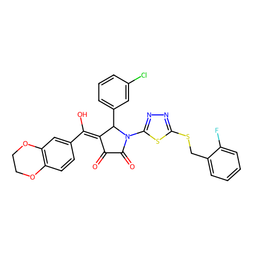 5-(3-chlorophenyl)-4-(2,3-dihydrobenzo[b][1,4]dioxine-6-carbonyl)-1-(5-((2-fluorobenzyl)thio)-1,3,4-thiadiazol-2-yl)-3-hydroxy-1H-pyrrol-2(5H)-one structure