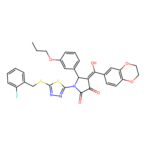 4-(2,3-dihydrobenzo[b][1,4]dioxine-6-carbonyl)-1-(5-((2-fluorobenzyl)thio)-1,3,4-thiadiazol-2-yl)-3-hydroxy-5-(3-propoxyphenyl)-1H-pyrrol-2(5H)-one structure