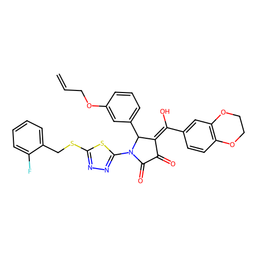 5-(3-(allyloxy)phenyl)-4-(2,3-dihydrobenzo[b][1,4]dioxine-6-carbonyl)-1-(5-((2-fluorobenzyl)thio)-1,3,4-thiadiazol-2-yl)-3-hydroxy-1H-pyrrol-2(5H)-one structure