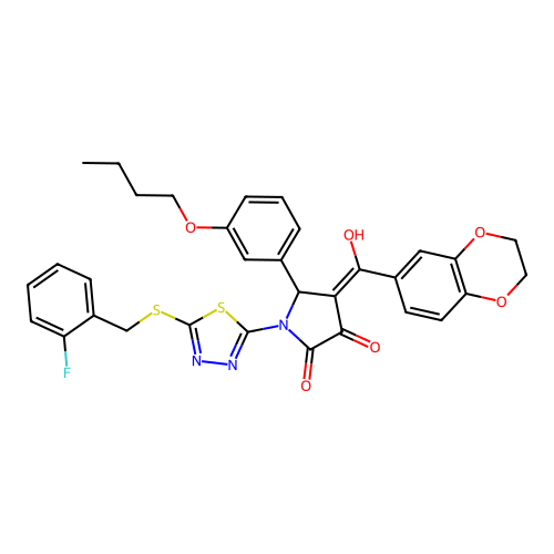 5-(3-butoxyphenyl)-4-(2,3-dihydrobenzo[b][1,4]dioxine-6-carbonyl)-1-(5-((2-fluorobenzyl)thio)-1,3,4-thiadiazol-2-yl)-3-hydroxy-1H-pyrrol-2(5H)-one structure