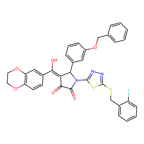 5-(3-(benzyloxy)phenyl)-4-(2,3-dihydrobenzo[b][1,4]dioxine-6-carbonyl)-1-(5-((2-fluorobenzyl)thio)-1,3,4-thiadiazol-2-yl)-3-hydroxy-1H-pyrrol-2(5H)-one structure