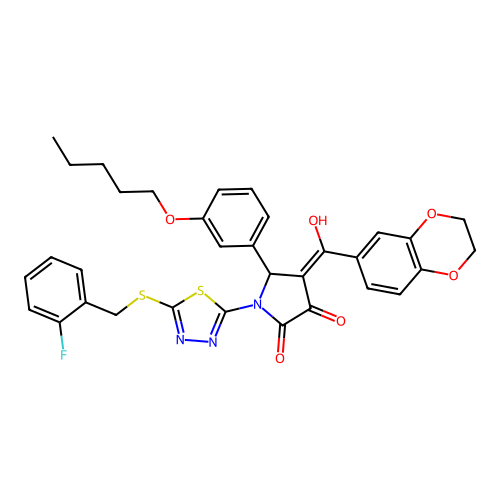(4E)-4-[2,3-dihydro-1,4-benzodioxin-6-yl(hydroxy)methylidene]-1-[5-[(2-fluorophenyl)methylsulfanyl]-1,3,4-thiadiazol-2-yl]-5-(3-pentoxyphenyl)pyrrolidine-2,3-dione structure