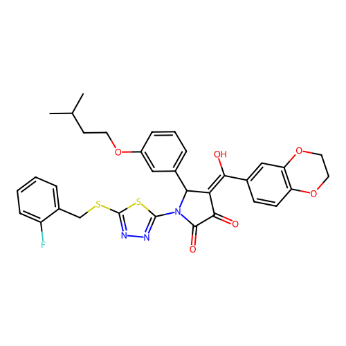 4-(2,3-dihydrobenzo[b][1,4]dioxine-6-carbonyl)-1-(5-((2-fluorobenzyl)thio)-1,3,4-thiadiazol-2-yl)-3-hydroxy-5-(3-(isopentyloxy)phenyl)-1H-pyrrol-2(5H)-one structure