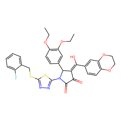 (4E)-5-(3,4-diethoxyphenyl)-4-[2,3-dihydro-1,4-benzodioxin-6-yl(hydroxy)methylidene]-1-[5-[(2-fluorophenyl)methylsulfanyl]-1,3,4-thiadiazol-2-yl]pyrrolidine-2,3-dione structure