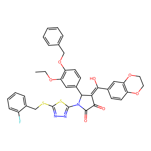 5-(4-(benzyloxy)-3-ethoxyphenyl)-4-(2,3-dihydrobenzo[b][1,4]dioxine-6-carbonyl)-1-(5-((2-fluorobenzyl)thio)-1,3,4-thiadiazol-2-yl)-3-hydroxy-1H-pyrrol-2(5H)-one structure
