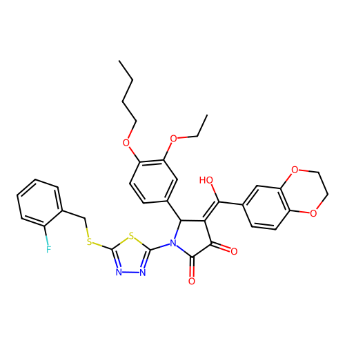 5-(4-butoxy-3-ethoxyphenyl)-4-(2,3-dihydrobenzo[b][1,4]dioxine-6-carbonyl)-1-(5-((2-fluorobenzyl)thio)-1,3,4-thiadiazol-2-yl)-3-hydroxy-1H-pyrrol-2(5H)-one structure