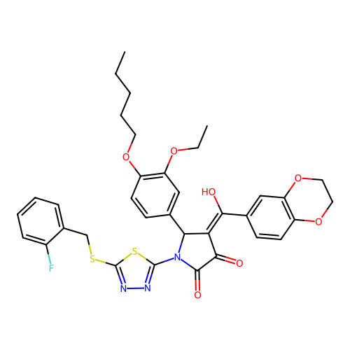 4-(2,3-dihydrobenzo[b][1,4]dioxine-6-carbonyl)-5-(3-ethoxy-4-(pentyloxy)phenyl)-1-(5-((2-fluorobenzyl)thio)-1,3,4-thiadiazol-2-yl)-3-hydroxy-1H-pyrrol-2(5H)-one structure