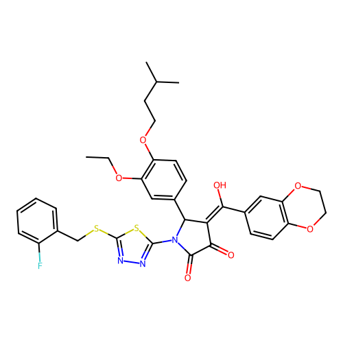 4-(2,3-dihydrobenzo[b][1,4]dioxine-6-carbonyl)-5-(3-ethoxy-4-(isopentyloxy)phenyl)-1-(5-((2-fluorobenzyl)thio)-1,3,4-thiadiazol-2-yl)-3-hydroxy-1H-pyrrol-2(5H)-one structure