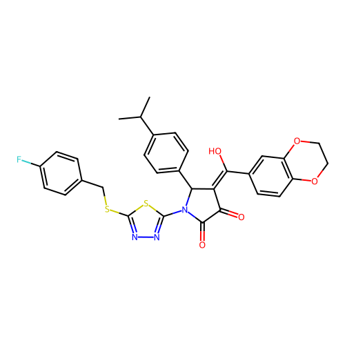 4-(2,3-dihydrobenzo[b][1,4]dioxine-6-carbonyl)-1-(5-((4-fluorobenzyl)thio)-1,3,4-thiadiazol-2-yl)-3-hydroxy-5-(4-isopropylphenyl)-1H-pyrrol-2(5H)-one structure