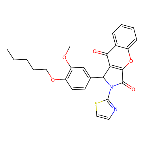 1-[3-methoxy-4-(pentyloxy)phenyl]-2-(1,3-thiazol-2-yl)-1,2-dihydrochromeno[2,3-c]pyrrole-3,9-dione structure