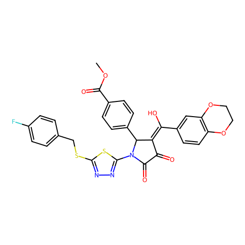 methyl 4-(3-(2,3-dihydrobenzo[b][1,4]dioxine-6-carbonyl)-1-(5-((4-fluorobenzyl)thio)-1,3,4-thiadiazol-2-yl)-4-hydroxy-5-oxo-2,5-dihydro-1H-pyrrol-2-yl)benzoate structure